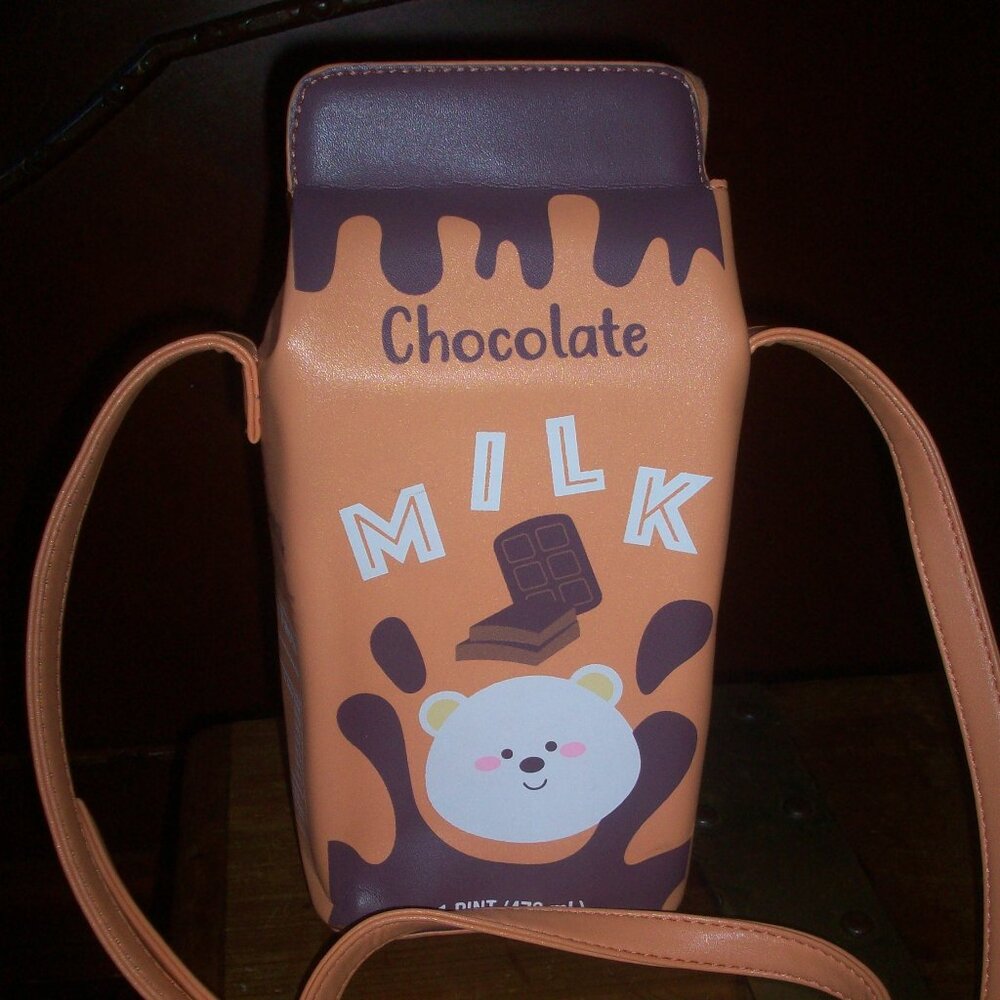cute CHOCOLATE MILK Carton Purse Bag Tote Crossbody Orange Strap, has flaws